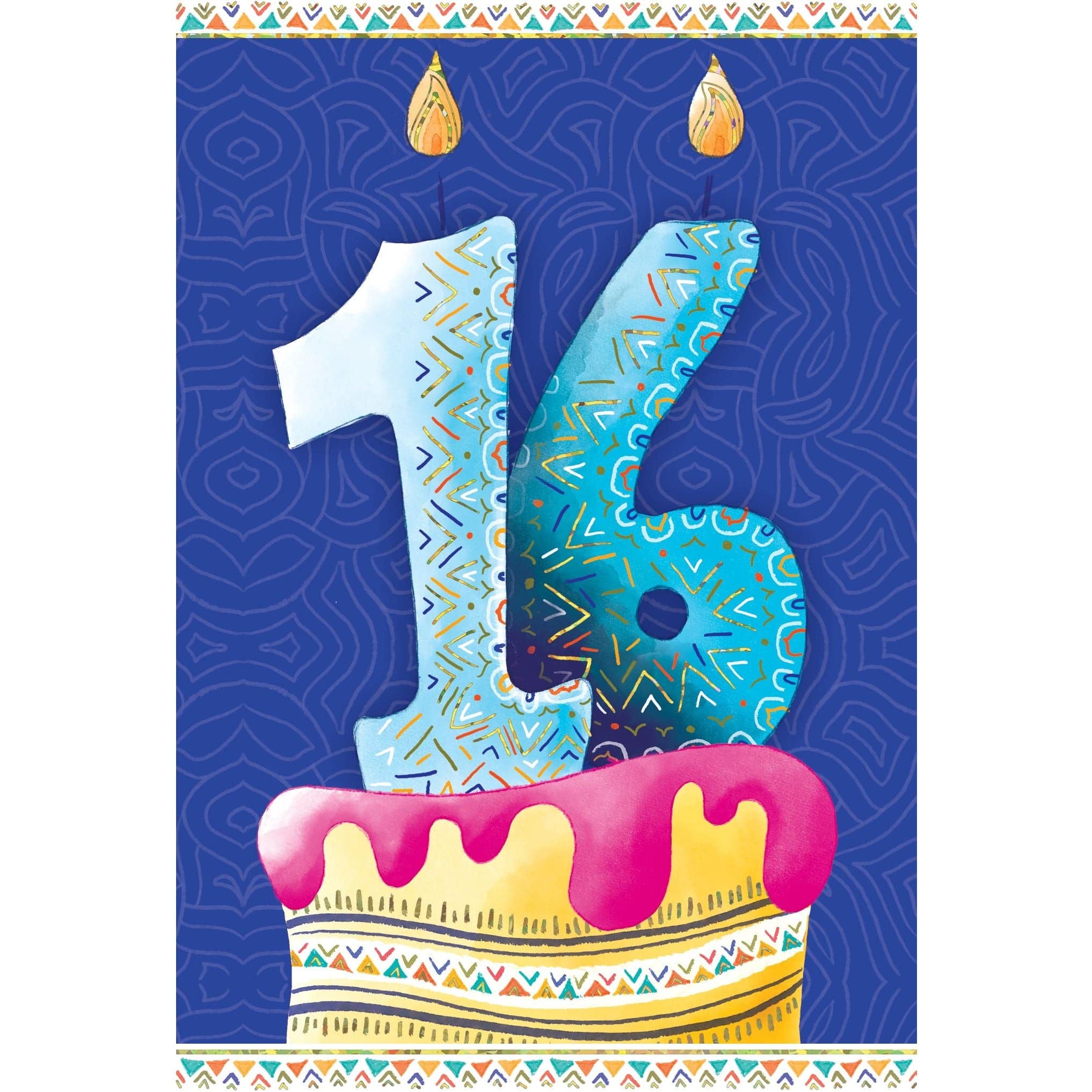 Pictura 16th birthday cake greeting card with colorful cake illustration on a white background, suitable for special birthday celebrations.